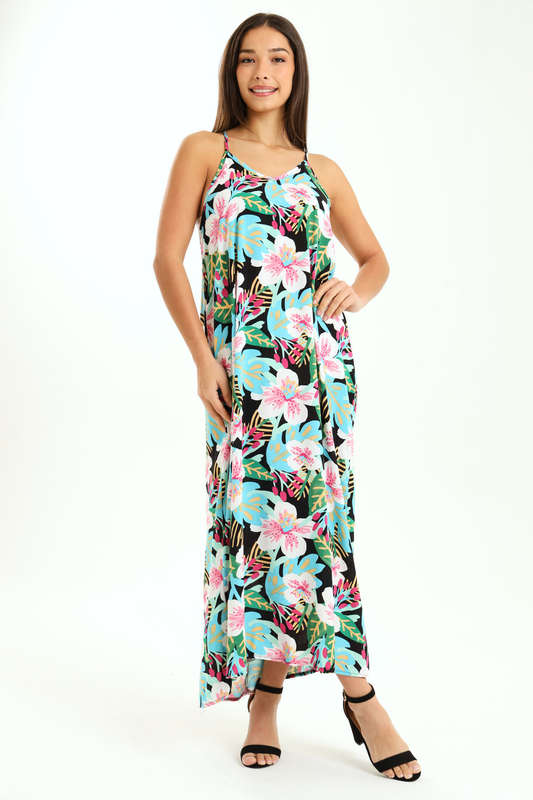 Ladies Printed Elegant Boho Casual Strappy Summer Maxi Dress With Pockets