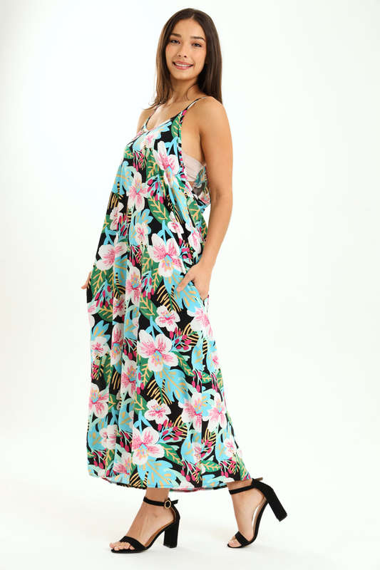 Ladies Printed Elegant Boho Casual Strappy Summer Maxi Dress With Pockets