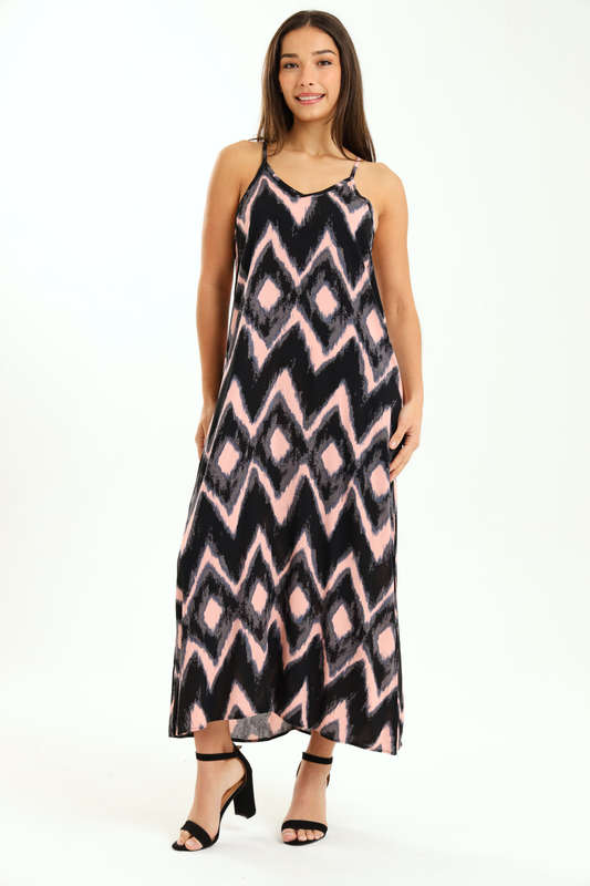 Ladies Printed Elegant Boho Casual Strappy Summer Maxi Dress With Pockets