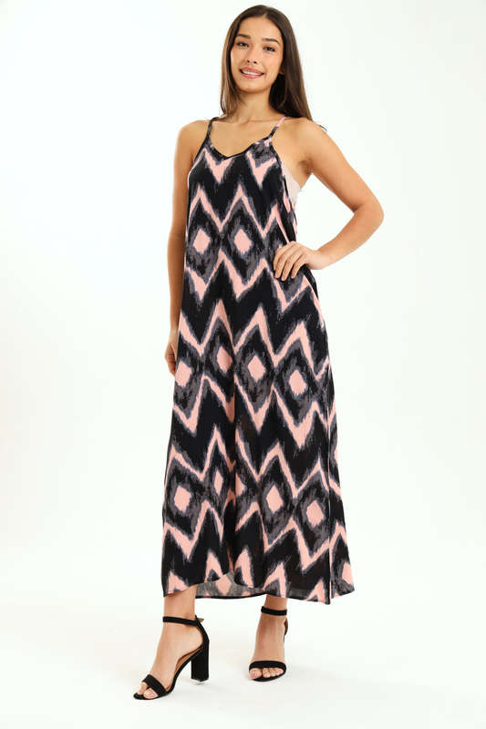 Ladies Printed Elegant Boho Casual Strappy Summer Maxi Dress With Pockets