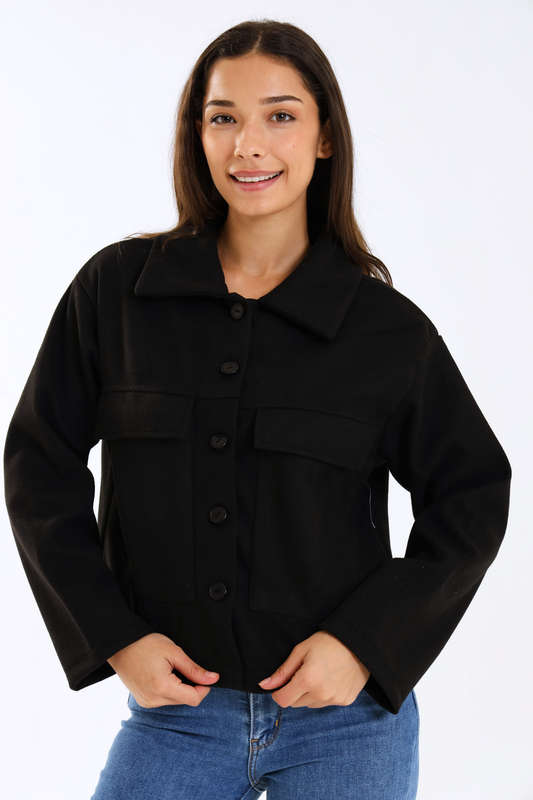 Ladies Black Button-Up Wool Blend Jacket