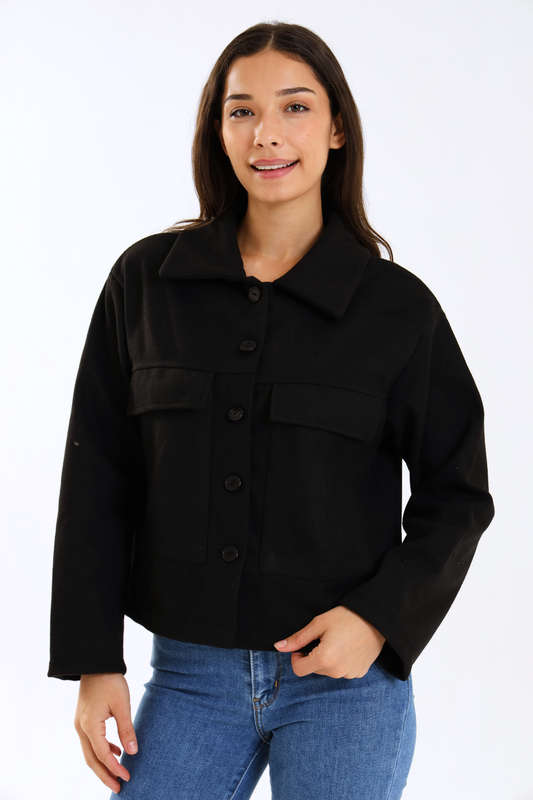 Ladies Black Button-Up Wool Blend Jacket