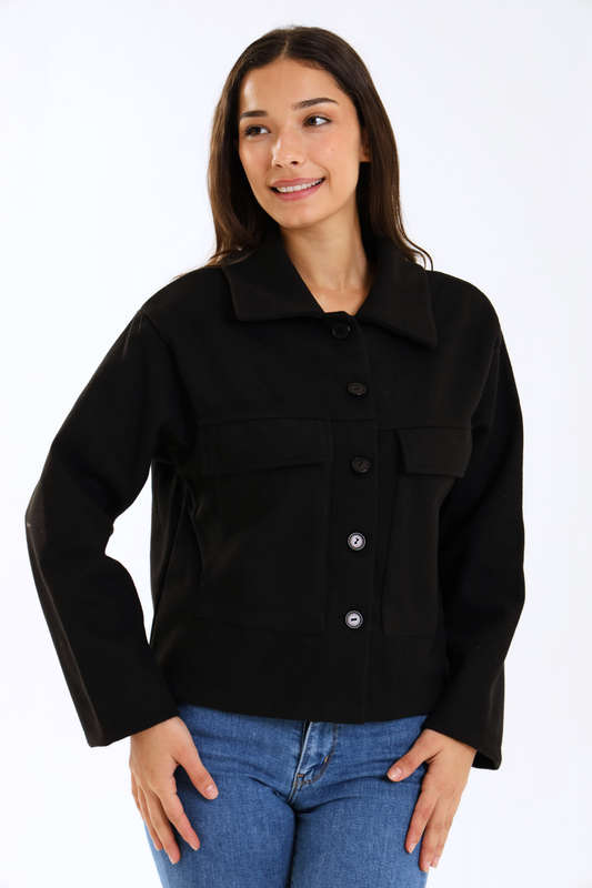 Ladies Black Button-Up Wool Blend Jacket