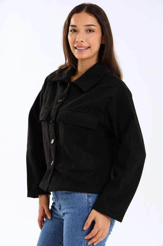 Ladies Black Button-Up Wool Blend Jacket