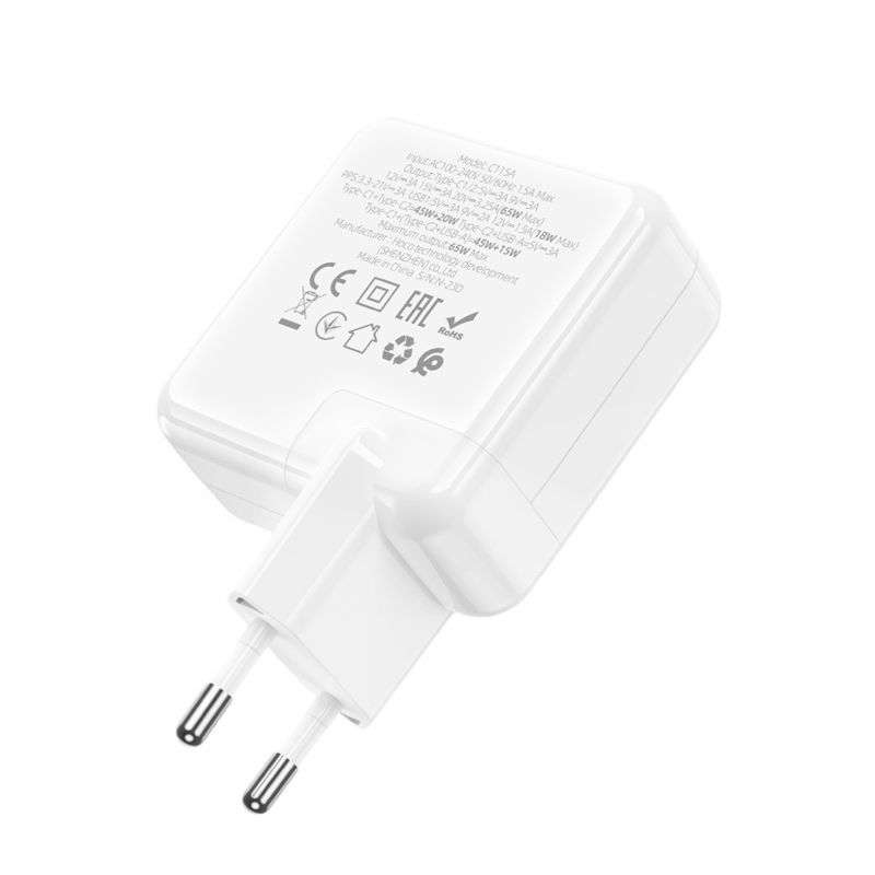 Hoco C115A Fast Type  C Charging Adapter 65W 3 Port (2 type-C + USB Port)