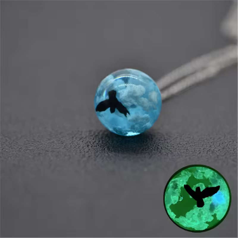 Genuine Stainless Steel Necklace with Blue Sky Pendant Glow in the Dark