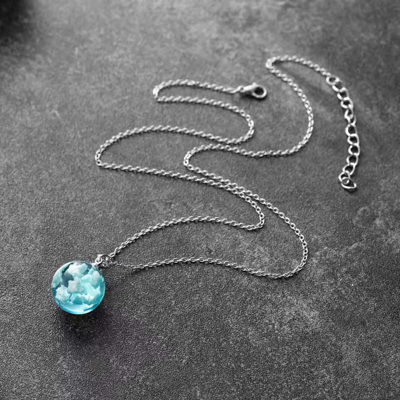 Genuine Stainless Steel Necklace with Blue Sky Pendant Glow in the Dark