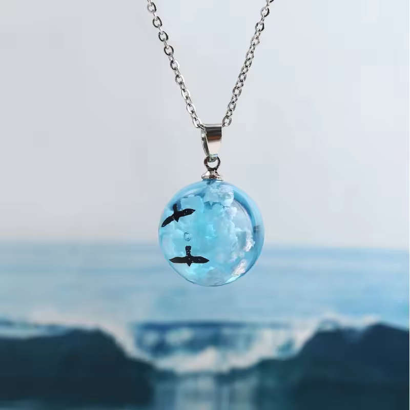 Genuine Stainless Steel Necklace with Blue Sky Pendant Glow in the Dark