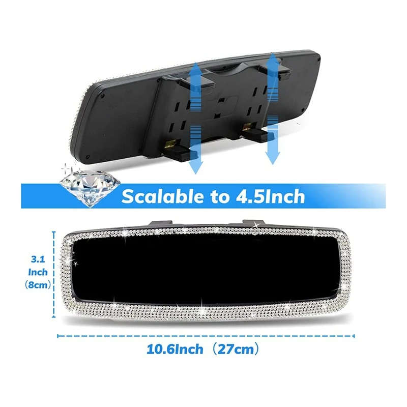 Bling Car Rear View Mirror Rhinestone & Car Cup Holder Coasters Decorations 3PCS