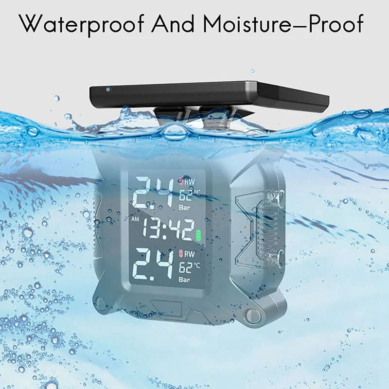 Wireless Motorcycle TPMS Tire Pressure Monitoring System Solar External Sensor LCD Display