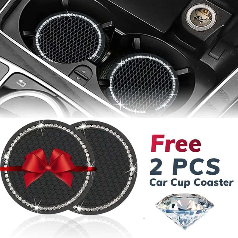 Bling Car Rear View Mirror Rhinestone & Car Cup Holder Coasters Decorations 3PCS