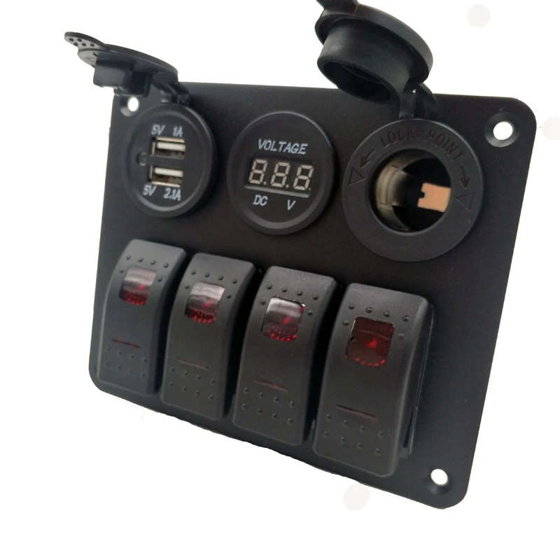 4 Gang 12-24V Rocker Switch Panel with 3.1A Dual USB Charger Digital Voltmeter Waterproof for Car