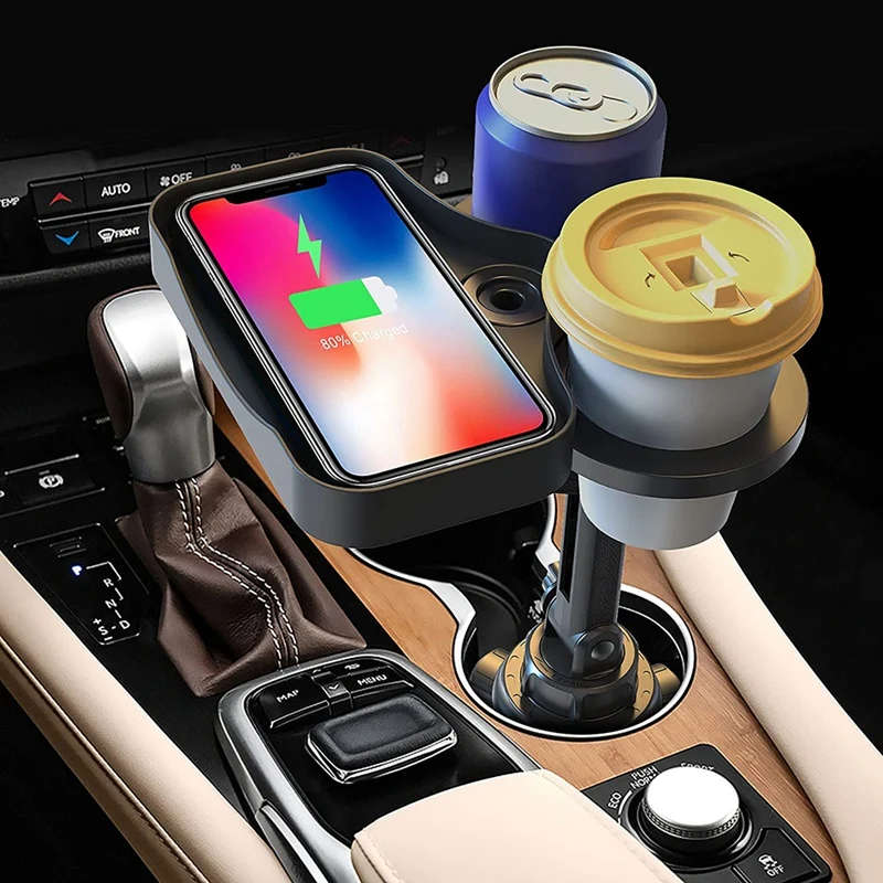 Car Cup Holder Expander Adapter with Wireless Charging Tray, Multi Adjustable Cup Phone Holder
