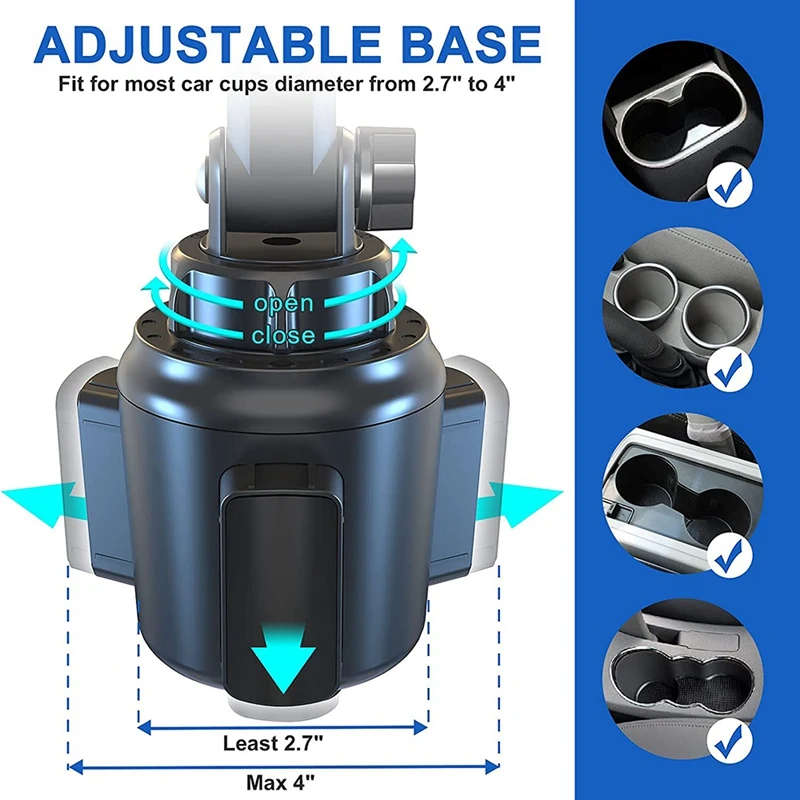 Car Cup Holder Expander Adapter with Wireless Charging Tray, Multi Adjustable Cup Phone Holder