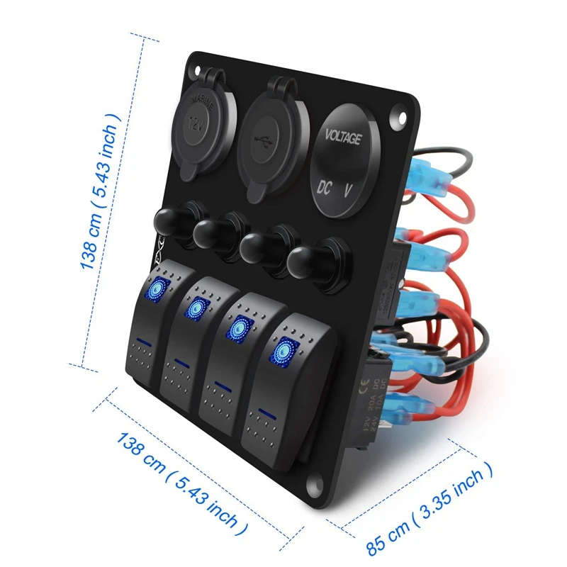Waterproof Marine Boat Rocker Switch Panel 4 Gang with 3.1A Dual USB Slot Socket + Cigarette-Lighter