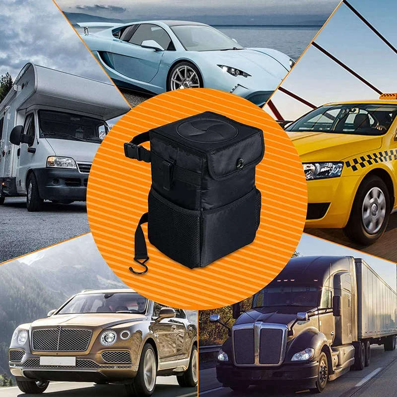 Car Trash Can with Lid Storage Pockets Backseat Hanging WastebasketCollapsible Organizer Console