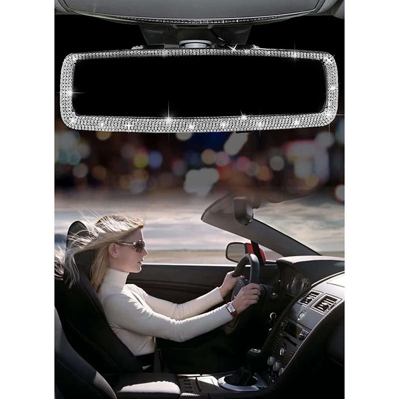Bling Car Rear View Mirror Rhinestone & Car Cup Holder Coasters Decorations 3PCS
