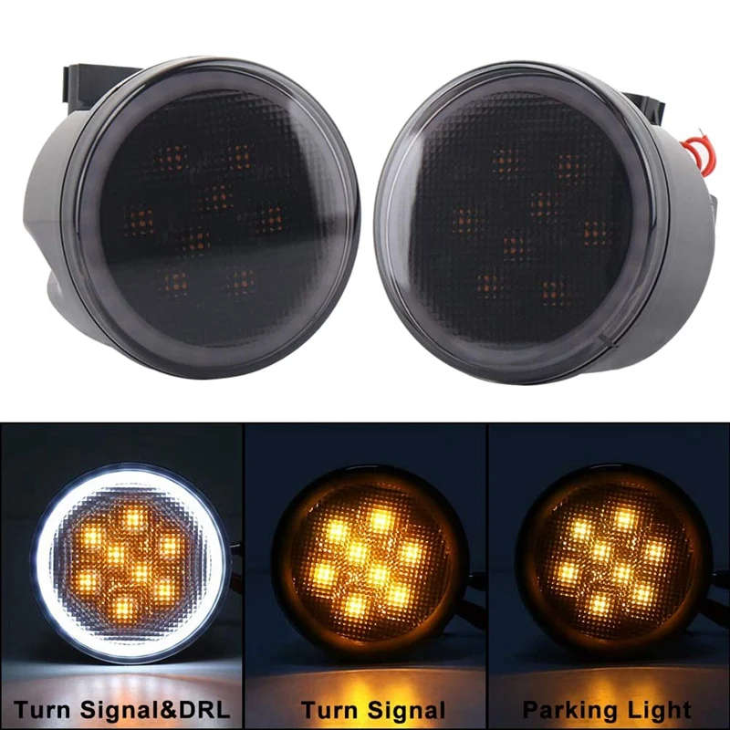 Turn Signal Lights White Halo Amber LED Smoke Lens Front Grille Parking Lights for Jeep Wrangler JK