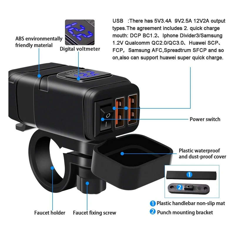 Waterproof Motorcycle Dual USB Fast Charger Port Power Adapter Voltmeter & On/Off