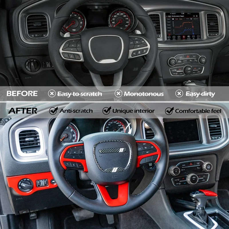 Car Steering Wheel Frame & Headlight Switch Panel Sticker & Gear Shift Trim Cover for 2015-21 Dodge
