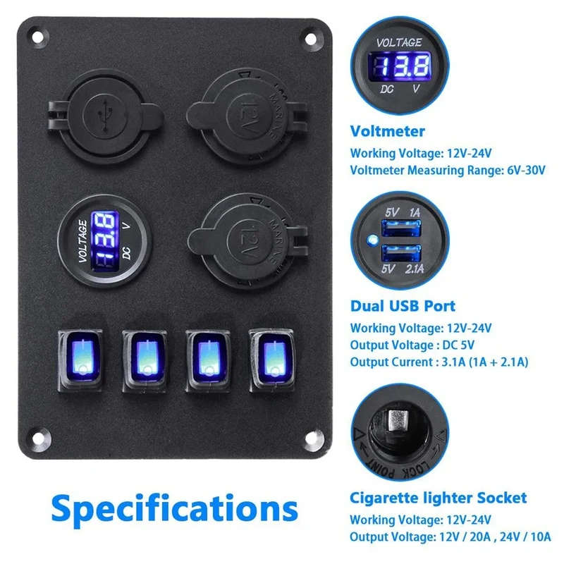 12V-24V Boat Switch Panel Switch Panel Waterproof Digital Voltmeter
