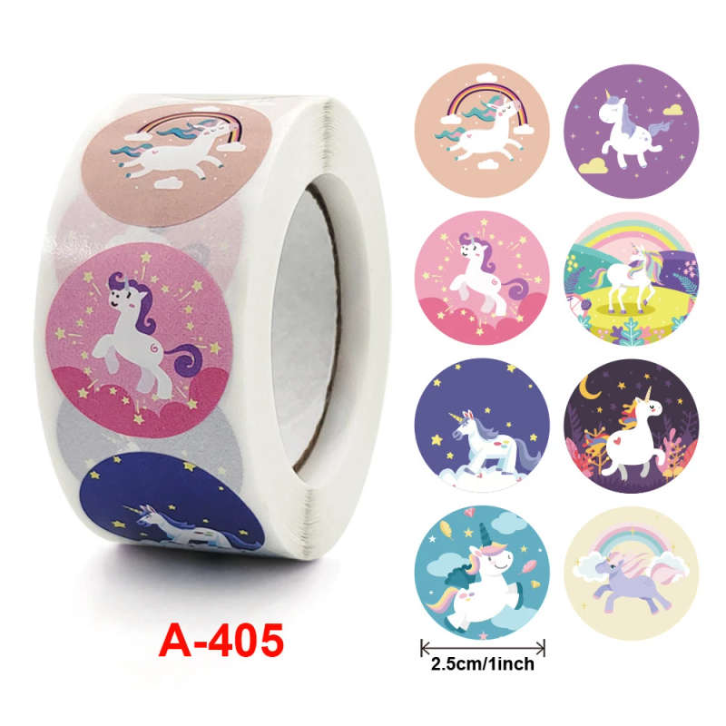100pcs/roll 1inch - 2.5cm Round "Unicorn" Kraft Paper Stickers Adhesive Labels Ref 09
