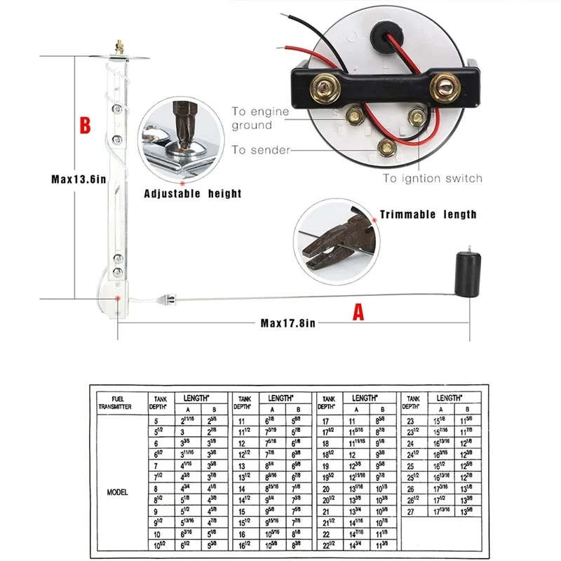 12V 2 inch/52mm Universal Fuel Sensor E-1/2-F Pointer Meter Fuel Level Gauge Fuel Level Gauge