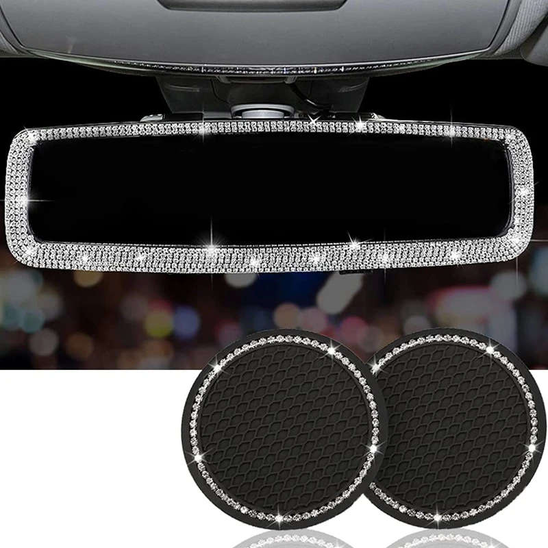 Bling Car Rear View Mirror Rhinestone & Car Cup Holder Coasters Decorations 3PCS