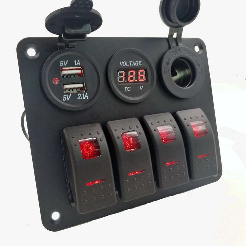 4 Gang 12-24V Rocker Switch Panel with 3.1A Dual USB Charger Digital Voltmeter Waterproof for Car