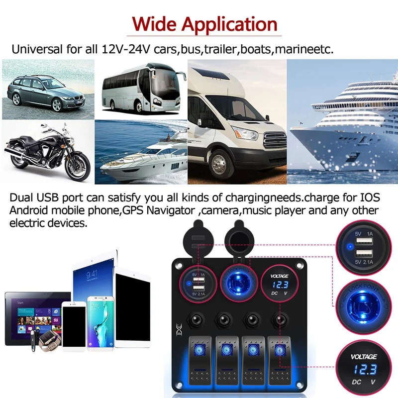 Waterproof Marine Boat Rocker Switch Panel 4 Gang with 3.1A Dual USB Slot Socket + Cigarette-Lighter