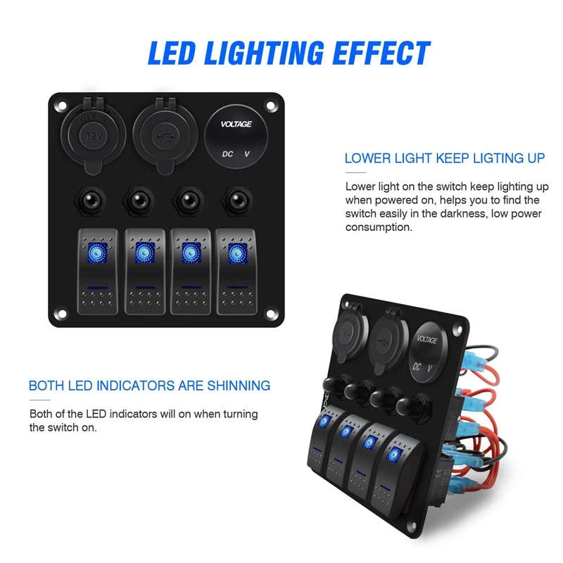 Waterproof Marine Boat Rocker Switch Panel 4 Gang with 3.1A Dual USB Slot Socket + Cigarette-Lighter