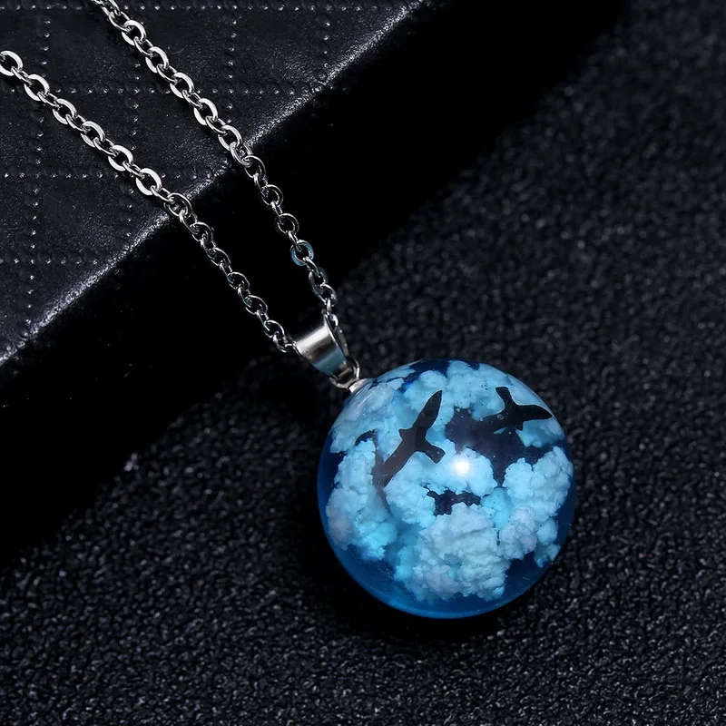 Blue Sky White Cloud Chain Pendant Necklace - Glow in the dark