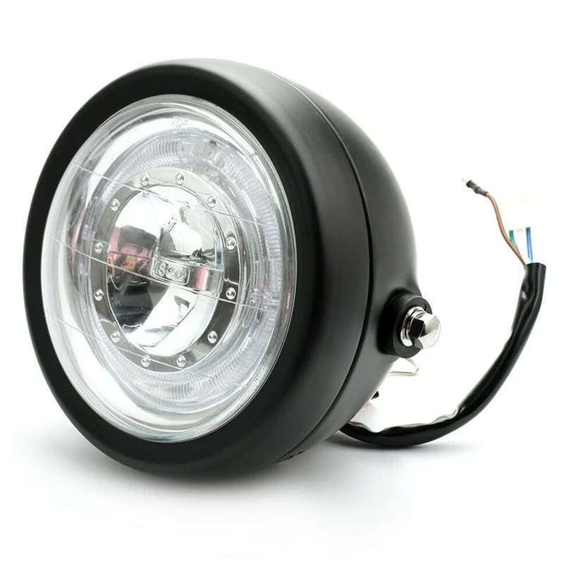 Motorcycle Blue Angel Eye Halo Ring LED 6 1/2 inch Headlight Black for Bobber