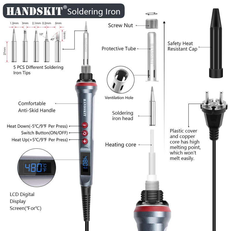 110V/220V 90W LED Digital Soldering Iron Adjustable Temperature With 5 Soldering Tips Weld