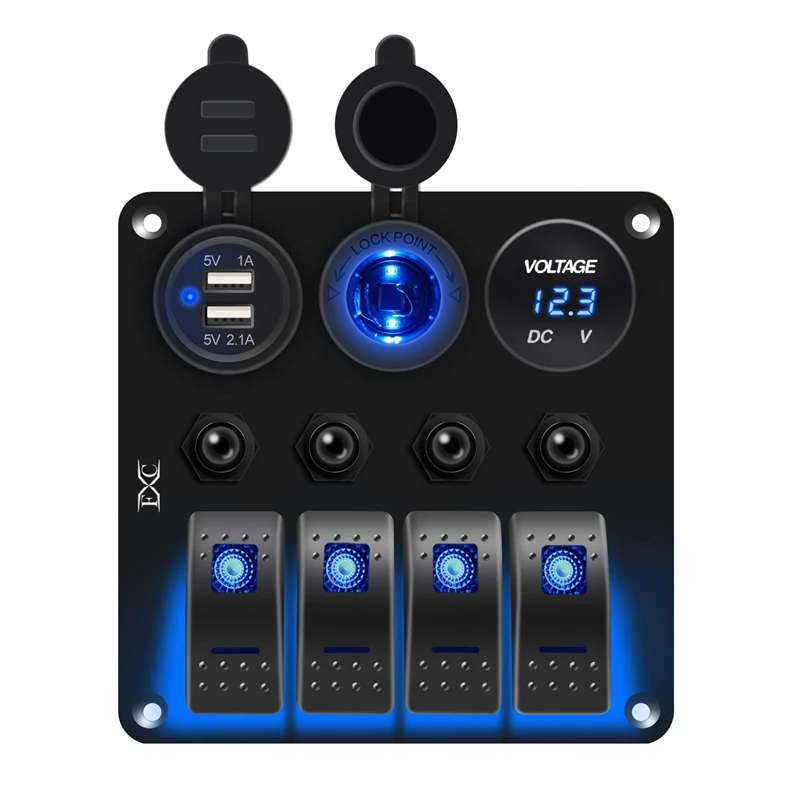 Waterproof Marine Boat Rocker Switch Panel 4 Gang with 3.1A Dual USB Slot Socket + Cigarette-Lighter
