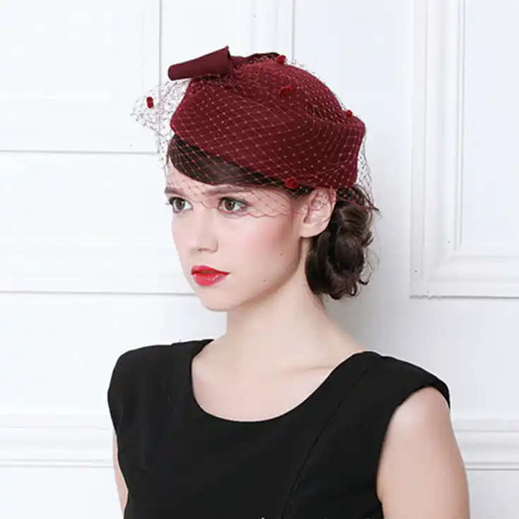 Vintage French Wool Women Beret Winter Felt Hat With Bow Flat Top Hats Lady Stewardess Cap Fedoras