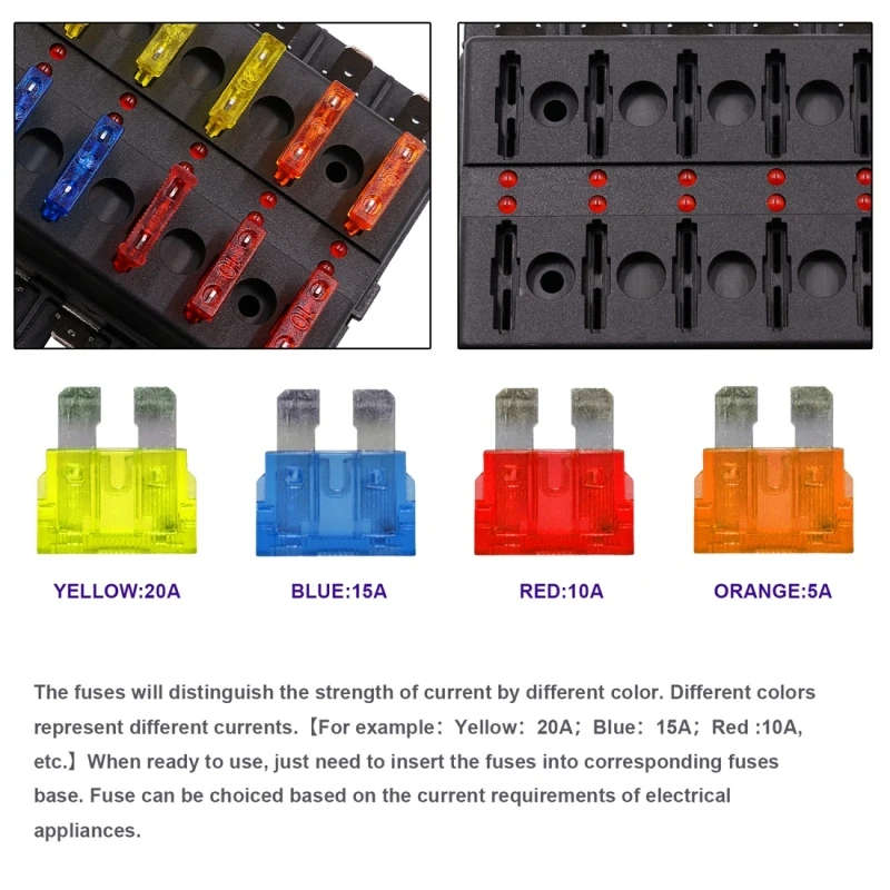1 in 6/8/10/12 Out Fuse Box PC/Screw Terminal Section Fuse Holder Kits with LED Warning Indicator