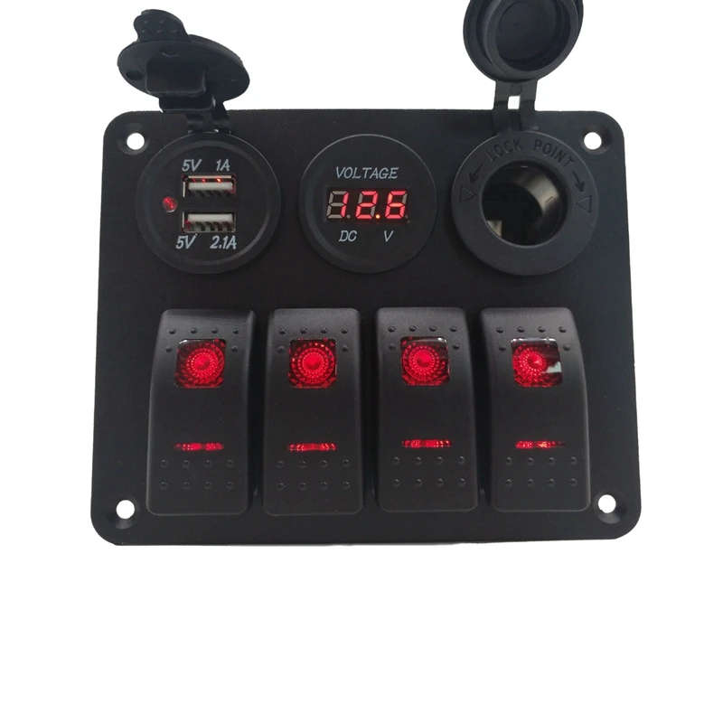 4 Gang 12-24V Rocker Switch Panel with 3.1A Dual USB Charger Digital Voltmeter Waterproof for Car