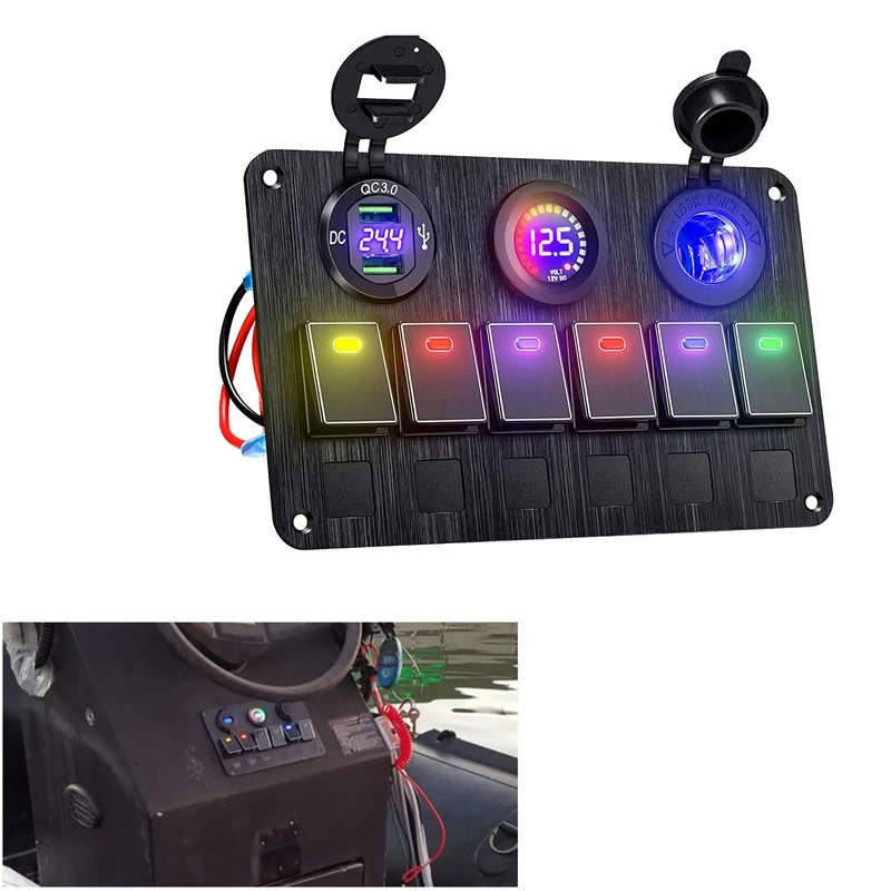 Marine Boat Rocker Switch Panel 6 Gang with QC 3.0 USB Charger+DC 12/24 Volt Socket+Voltmeter