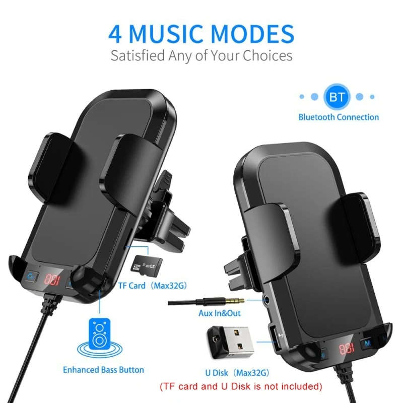 Car Charger Dual USB MP3 Player Bluetooth Receiver FM Transmitter Call Hands-Free Holder