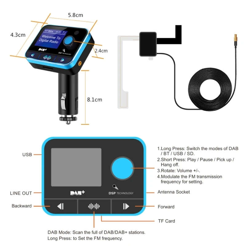 DAB008 Car FM Transmitter DAB Digital Radio Bluetooth MP3 Player FM Transmitter