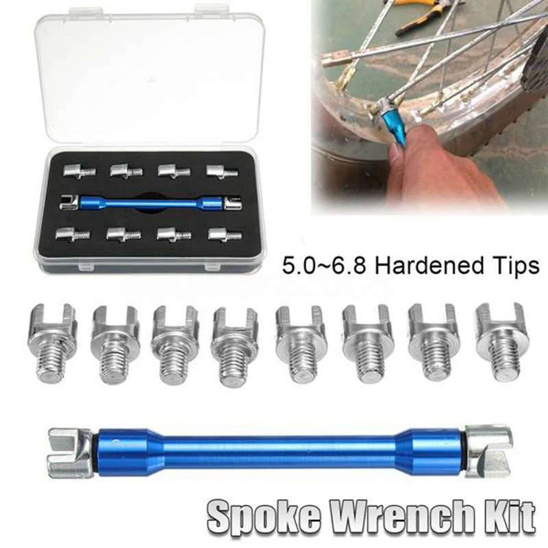 1 Set Blue Motorcycle Spoke Wrench and 10 Pieces Hardened Tips 5.0-6.8 for Most Motorbikes