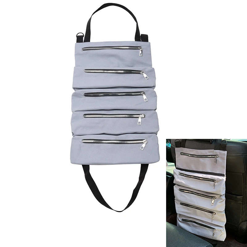 Car Tool Roll Up Bags Canvas Storage Pouch Tools Tote Sling Holder Back Seat Organizer Grey
