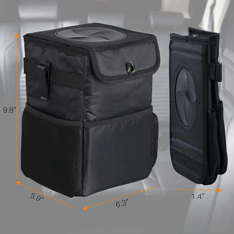 Car Trash Can with Lid Storage Pockets Backseat Hanging WastebasketCollapsible Organizer Console