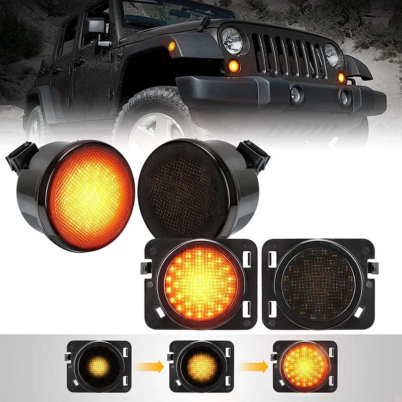Car LED Turn Signal+ Side Marker Fender Lights Drl White Halo Smoked Lens for Jeep Wrangler Jk