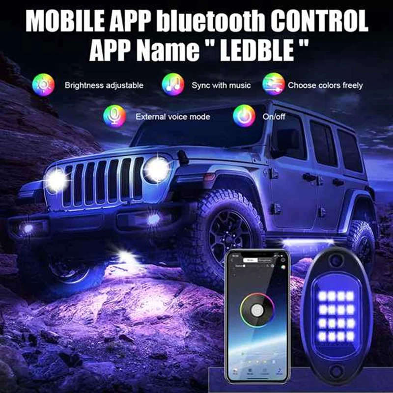 6 Pods RGB LED Rock Lights Kit Underglow RGB Chassis Decorative Music Lamps for Jeep Car ATV SUV