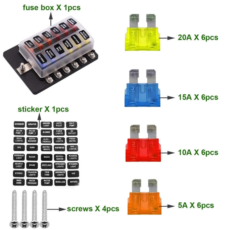 1 in 6/8/10/12 Out Fuse Box PC/Screw Terminal Section Fuse Holder Kits with LED Warning Indicator