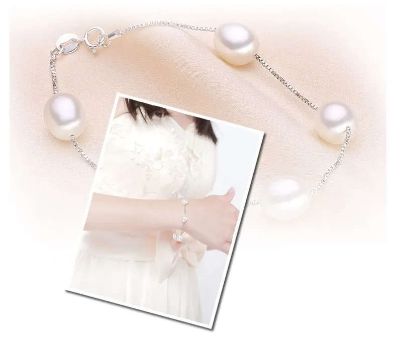 100% Natural Freshwater Pearl Genuine 925 Sterling Silver Bracelet - White Pearl