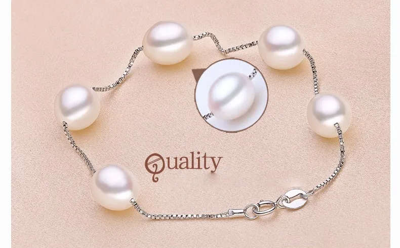 100% Natural Freshwater Pearl Genuine 925 Sterling Silver Bracelet - White Pearl