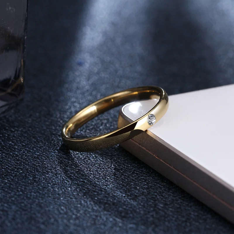Genuine Stainless Steel One Zircon Ring Gold Color Size 7